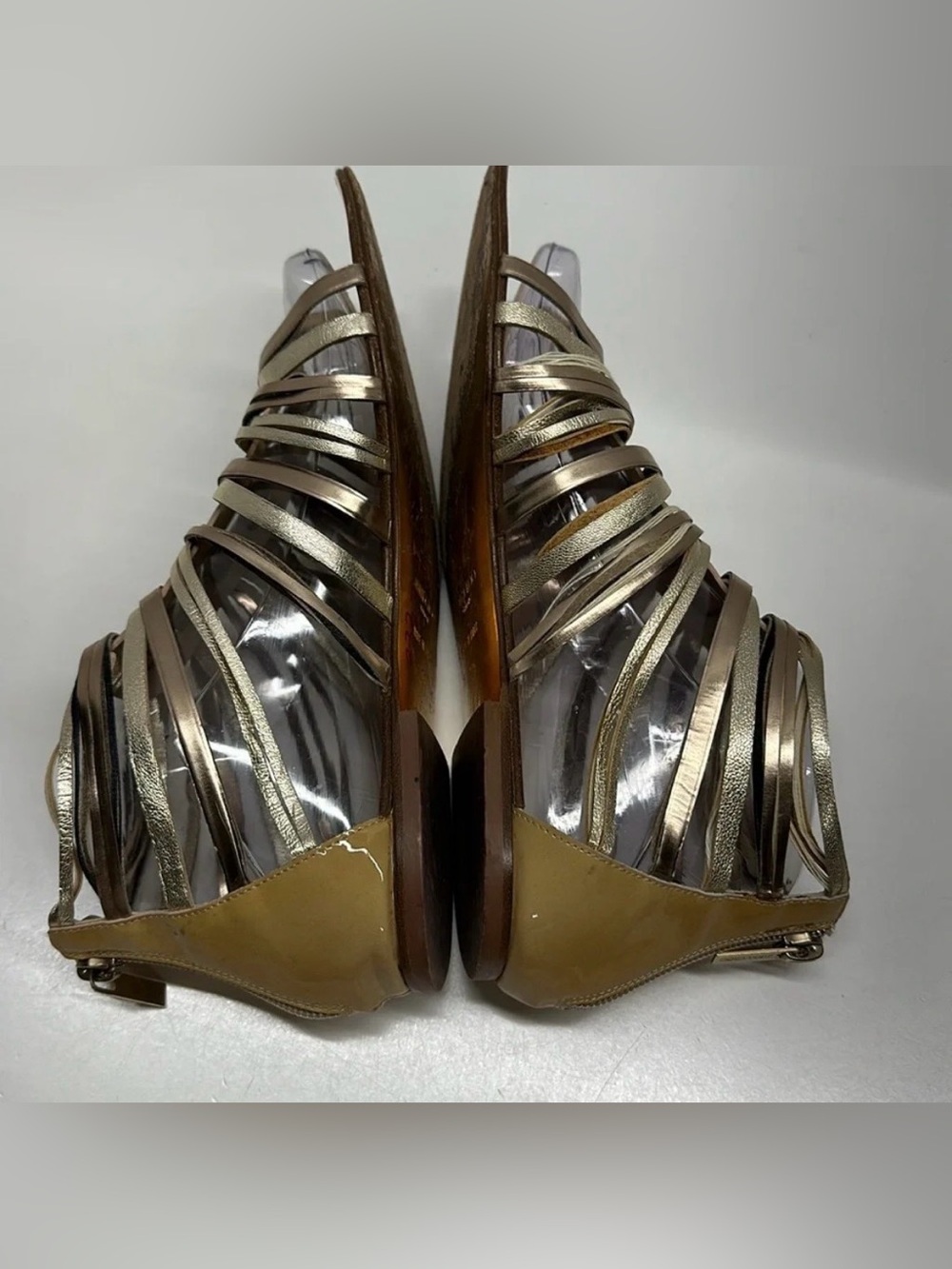 Jimmy Choo CHAYA Beige Patent Leather, Gold Gladiator Sandals Strappy EU 39 US 8